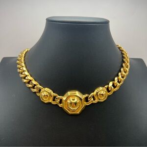 Vintage Chunky Anne Klein Gold Tone Curb Chain Choker Necklace w/ Hexagon Center